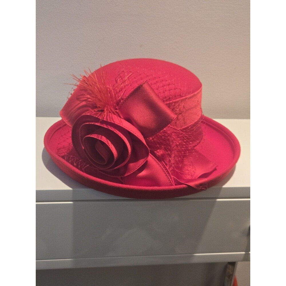 Deborah Fashions Red Wool Felt Church Hat Wide Brim Satin Rose Feather...